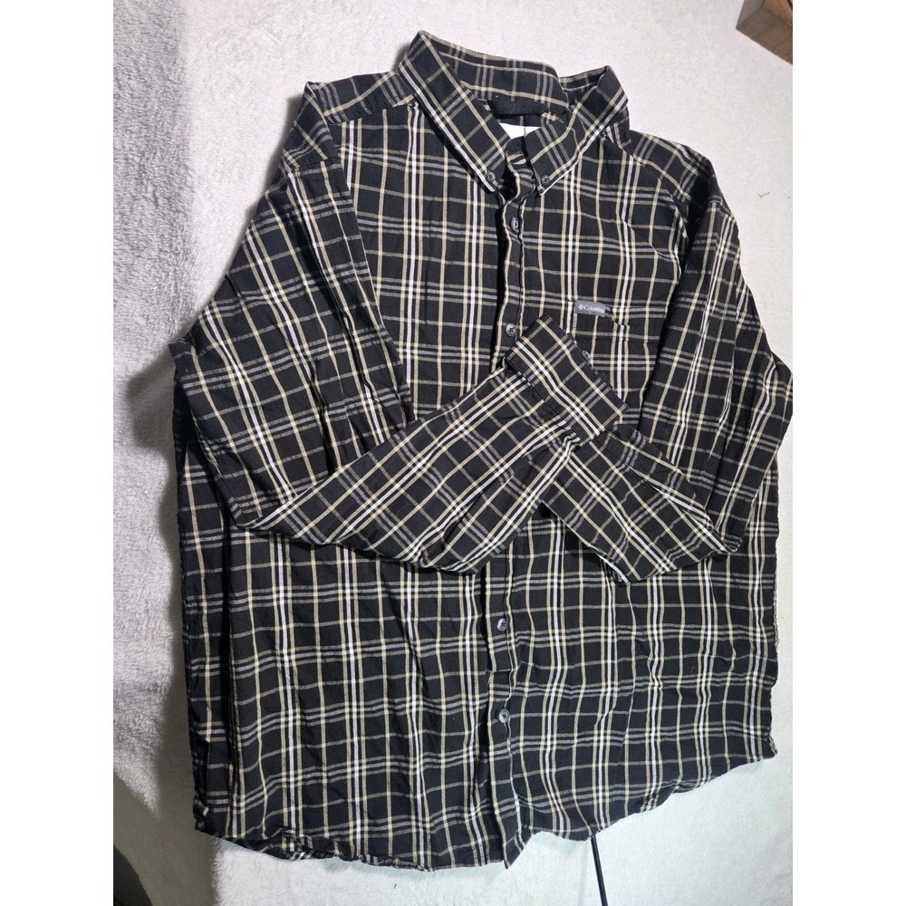 Columbia Men's XL Black Plaid Long Sleeve Button Down Shirt Cotton Stretch